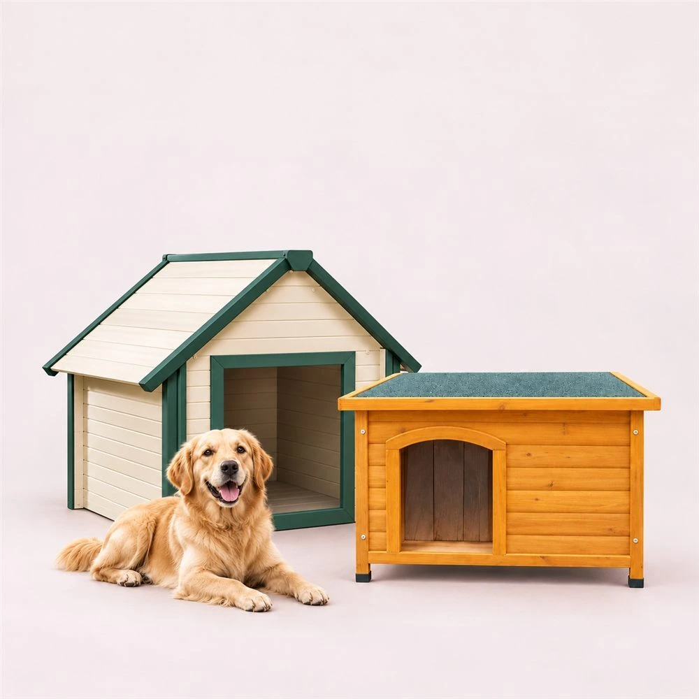 Two dog kennels with a golden retriever