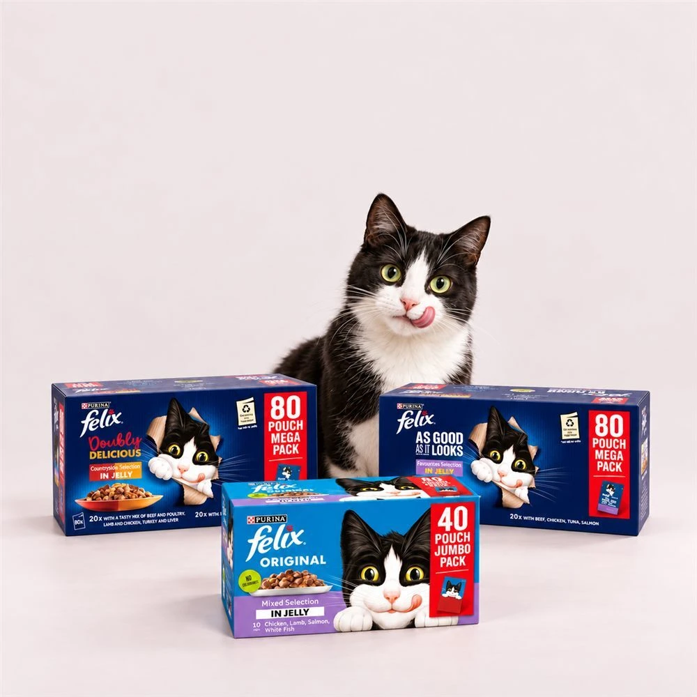 Three Felix cat-food multipacks with a black-and-white cat