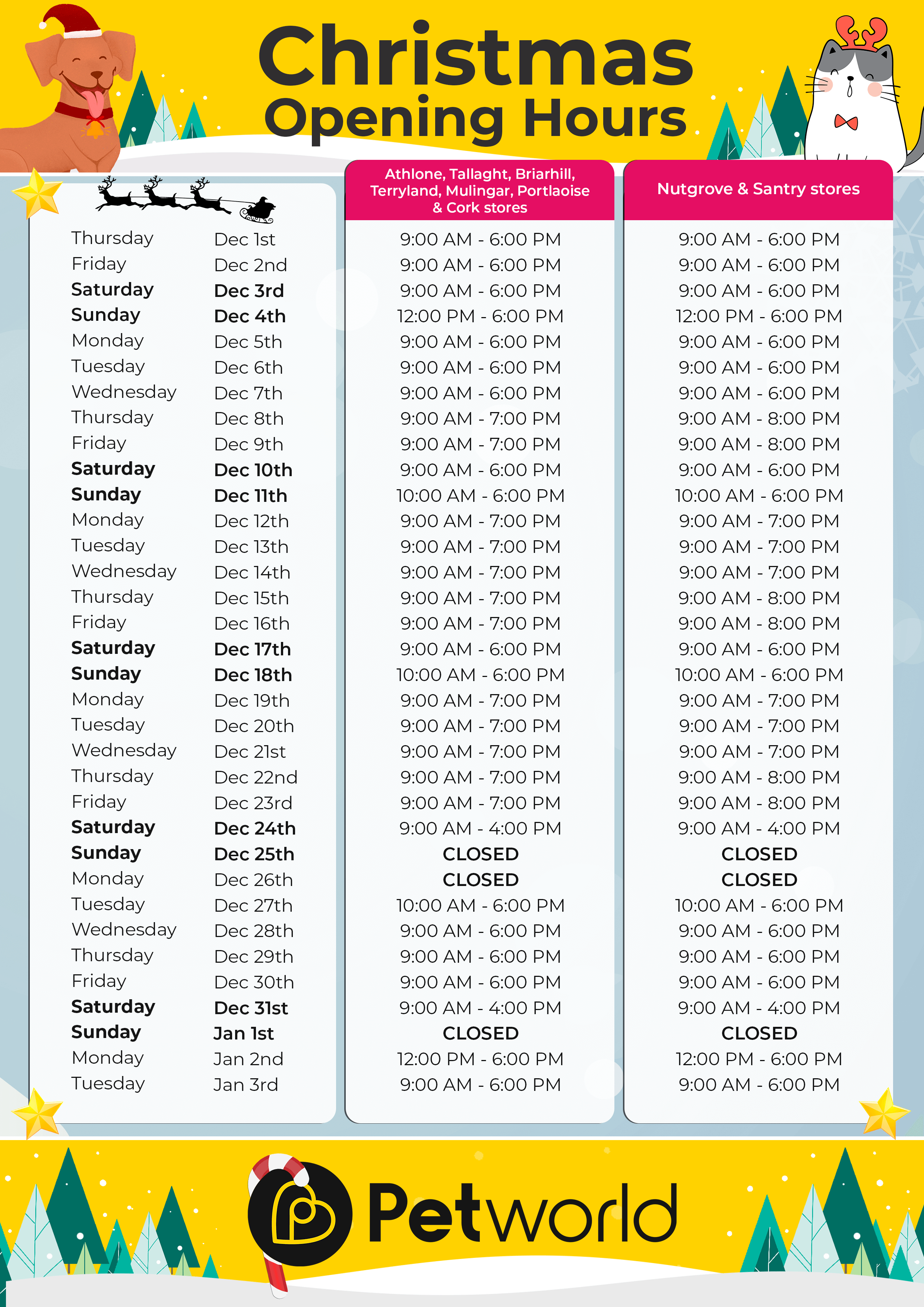 Petworld's Christmas Store Timings
