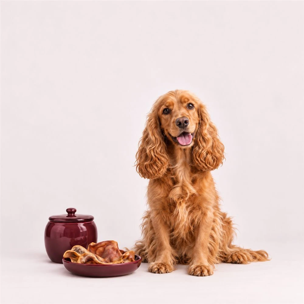 Happy dog beside a dish of pig's ear treats