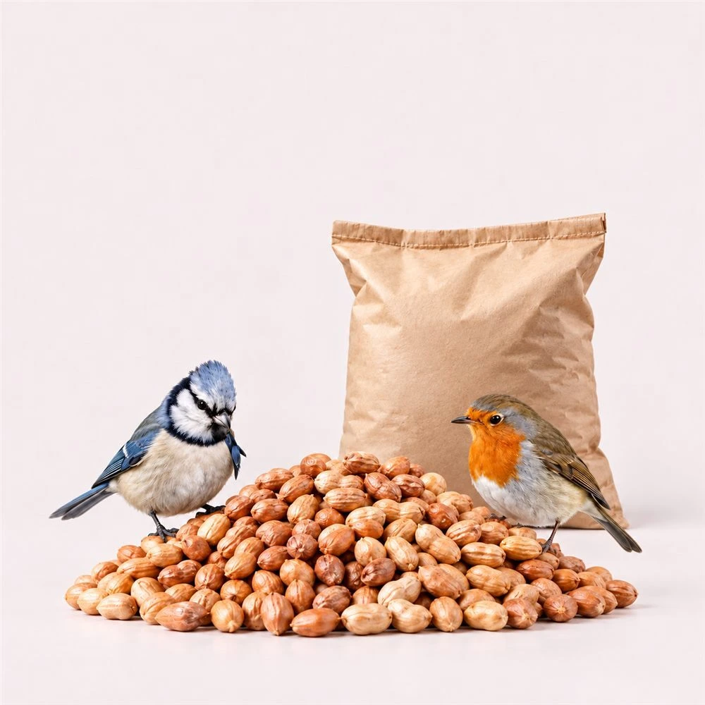 Peanuts with a robin, blue tit and feed sack