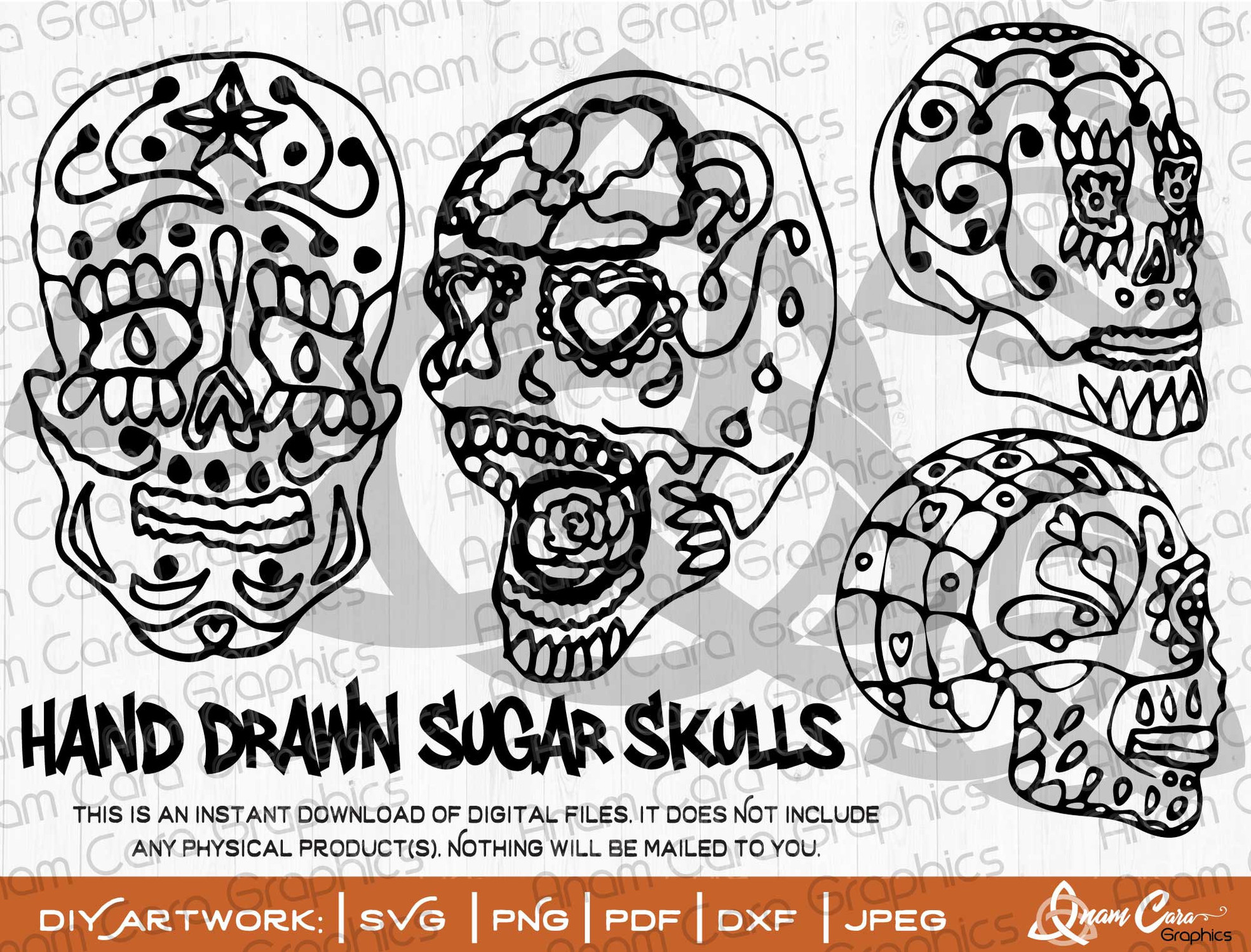 Bundle of 4 Hand Drawn Sugar Skulls