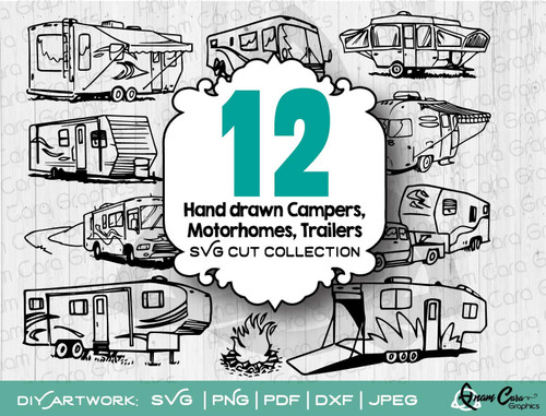 Handdrawn Bundle of 12 Images Fire Rv Camper Trailer SVG