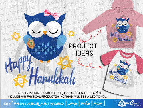 PRINT Happy Hanukkah Owl w Bow