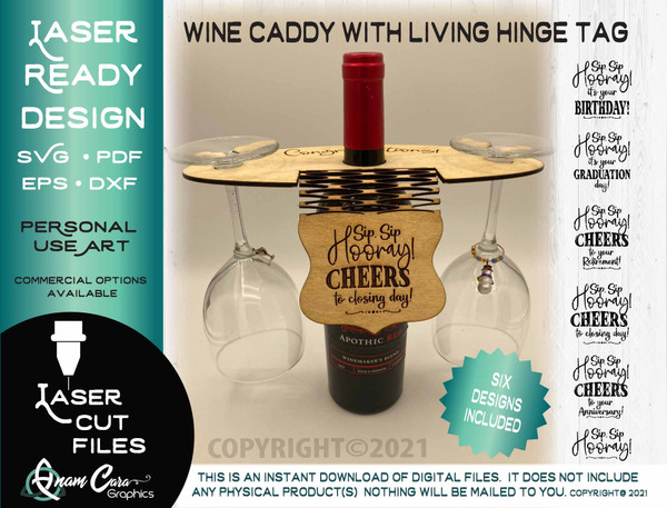 Wine Caddy With Living Hinge Tag/Label 6 Designs Laser Ready Engrave Cut File Glowforge Wine Congratulations Gift New Home Real Estate Agent