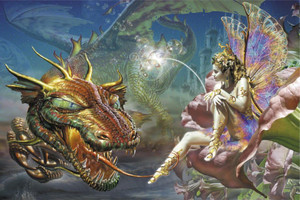 DRAGONS DREAM 24x36 inch poster, woman and dragon in magical setting, vibrant colors, serene atmosphere.