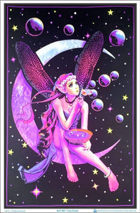 FAIRY DREAM space-themed poster, fairy on crescent moon, purple, pink, surrounded by stars and planets.