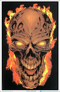 FLAMING SKULL posters, 24x36 inch blacklight poster with glowing yellow eyes and teeth on black background.