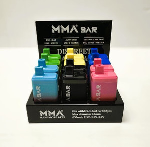 MMA BAR 510 style 650mah DISCREET CART BATTERY WITH AUTO DRAW, ADJUSTABLE VOLTAGE DIGITAL SIDE SCREEN USB-C FOR QUICK CHARGING. WORKS FOR .5ml and 1.ml 510 CARTS. ASSORTED COLORS.