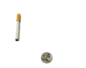 Large Metal Hand Pipe, 3in Cigarette Push Bat Hitter, metal pipe with orange tip, beside quarter.