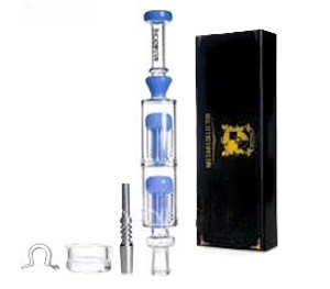 PHOENIX BLUE NECTAR COLLECTOR KIT 10in LONG DUAL TREE PERCS 14mm TITANIUM NAIL WAX DISH STAINLESS NAIL CLIP PREMIUM GIFT BOX