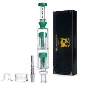 PHOENIX GREEN NECTAR COLLECTOR KIT. 10in LONG DUAL TREE PERCS, 14mm TITANIUM NAIL, WAX DISH, STAINLESS NAIL CLIP, PREMIUM GIFT BOX. $59.99