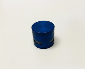 2.5in 4pc METAL GRINDER with BOTTOM VIEW WINDOW, KNOTCHED FINGER GRIPS, and KEEF SCRAPER. BLUE COLOR.