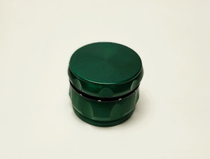 2.5in FANCY GREEN METAL 4pc GRINDER, KNOTCHED GRIPPER, with KEEF SCRAPER. VERY HEAVY.