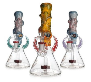 8.7in ALIEN HEAD BEAKER WATER PIPE with CUSTOM GLASS HORN WORK SHOWERHEAD PERC 14mm BOWL ASSORTED COLORS
