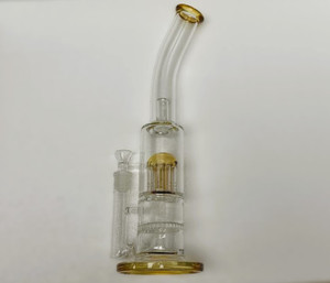 16in TALL EXTRA LARGE BENT NECK WATER PIPE with DISC PERK, 10 ARM TREE PERC, PLUS TOP BAFFLE with STRAIGHT SIDE CAR 18mm BOWL.