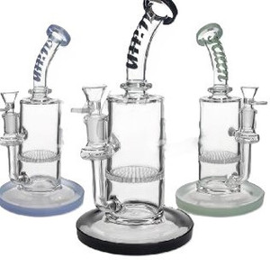 HITTN Glass Water Pipes, 10in bent neck, honeycomb perc, 14mm bowl, in assorted colors.