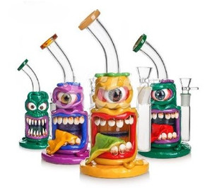 HITTN GLASS 10in BENT NECK MONSTER MASH WATER PIPE 3D 18mm BOWL HONEYCOMB PERC ASSORTED COLORS
