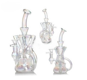 HITTN GLASS 10in RECYCLER DAB RIG HOLOGRAPHIC RAINBOW SHOWERHEAD PERC 14mm BOWL