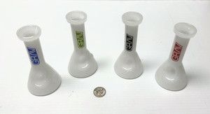 GRAV BEAKER HAND PIPE WHITE MILK GLASS. THIS HAND PIPE STANDS ON END AS SHOWN WHEN NOT IN USE. HEAVY DUTY WITH CARB AND LARGE BOWL. 5in TALL x 2in DIA AT BOTTOM.