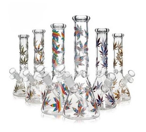 10in BEAKER WATER PIPE PINCHED ICE CATCHER 5mm THICK LEAF PATTERN 14mm BOWL. ASSORTED COLORS.