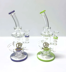 9.5in BIG MOM BENT NECK RECYCLER SHOWERHEAD PERC WATER PIPE WITH 14mm MALE BOWL. COMES IN MILK GREEN, MILK PURPLE. EXCELLENT QUALITY.