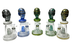 8.5in 14mm MAYAN HEAD WATER PIPE WITH REVERSE PYRAMID PERC. BLUE, SMOKE/GREEN, SMOKE/WHITE, BLUE/GREEN. VERY SLICK PIECE!