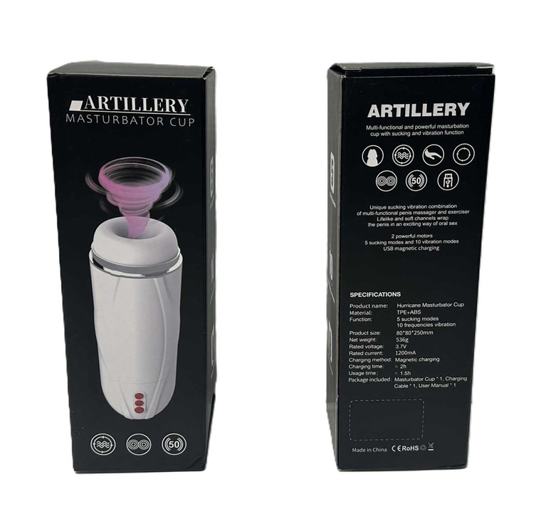 THIS ARTILLARY MASTURBATION STROKER HAS MULTI FUNCTION REAL FEEL SOFT SKYN WITH 5 SUCKING MODES, 10 VIBRATION MODES, AND ITS RECHARGEABLE! INCLUDES THE USB MAGNET CHARGER! COMES IN BLACK, LIMITED QUANTITY AVAILABLE.