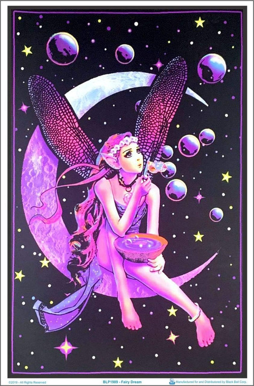 FAIRY DREAM space-themed poster, fairy on crescent moon, purple, pink, surrounded by stars and planets.