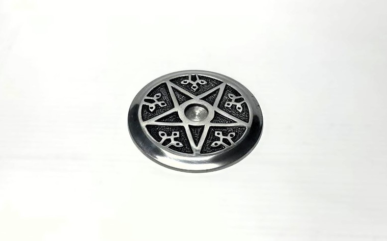 Metal pentagram incense holder, 4.5" diameter, silver color, for cone or stick incense, PENTAGRAM INCENSE HOLDER.