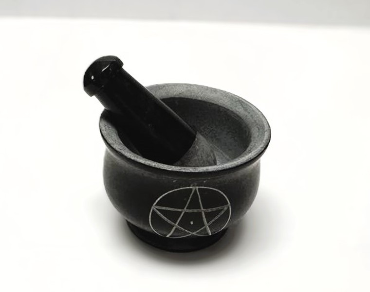 5.in Dia x 3.in Tall Mortar and Pestle carved stone made with PENTAGRAM