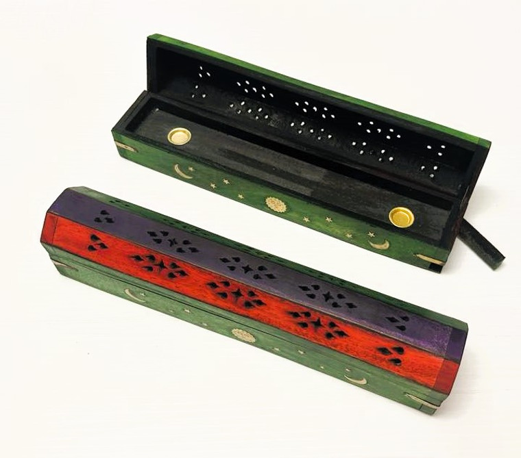 Deluxe coffin box stick or cone incense holder with blue and red paint and hidden stash