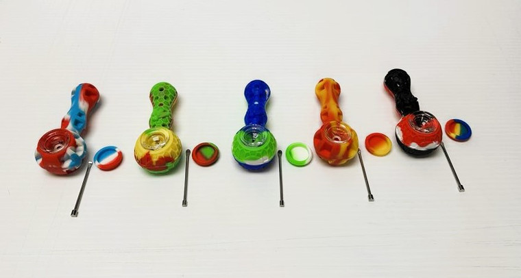 4.2in Silicone hand pipe with with built in goo container and Dab tool assorted colors