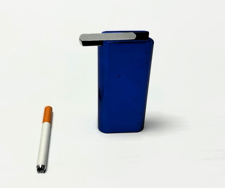 BLUE METAL DUGOUT WITH SLIDER LID AND LONG CIGARETTE BAT, blue metal, heavy duty dugout.