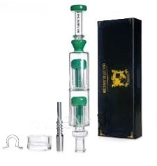 PHOENIX GREEN NECTAR COLLECTOR KIT. 10in LONG DUAL TREE PERCS, 14mm TITANIUM NAIL, WAX DISH, STAINLESS NAIL CLIP, PREMIUM GIFT BOX. $59.99