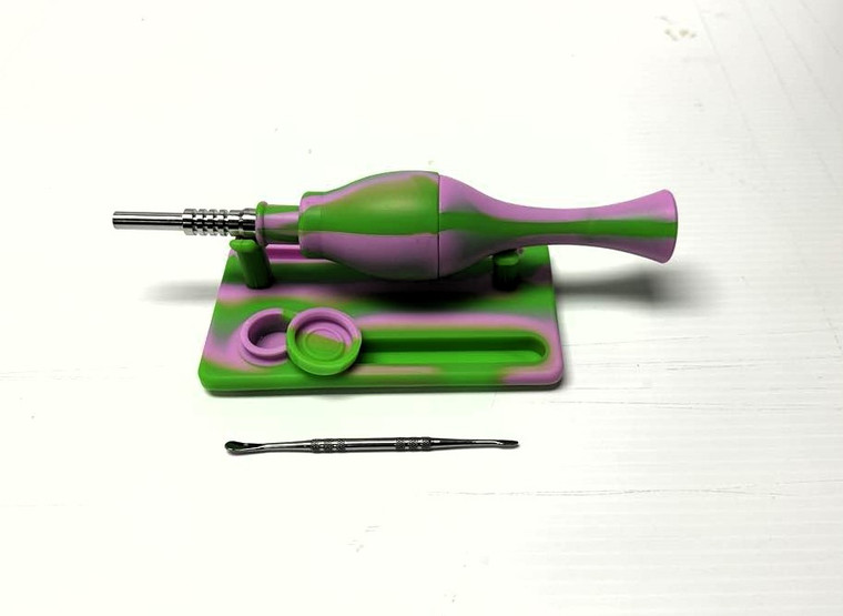 SILICONE 2 PART TOBACCO COLLECTOR WITH PERC AND DABBER STATION 14mm TITANIUM TIP GOO JAR DABBER TOOL AND STAND KIT