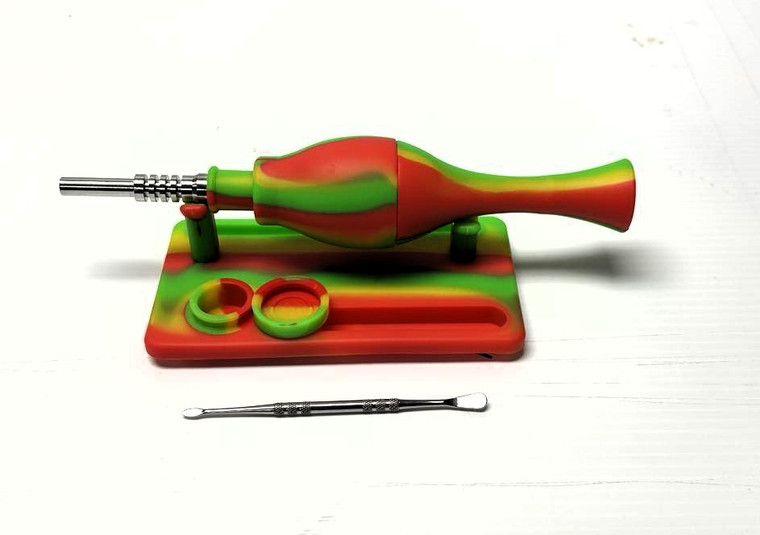 SILICONE 2 PART TOBACCO COLLECTOR WITH PERC AND DABBER STATION 14mm TITANIUM TIP GOO JAR DABBER TOOL AND STAND KIT 2