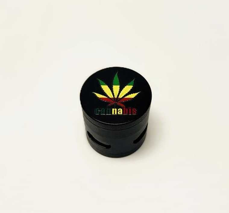2.5in METAL 4pc GRINDER with BOTTOM VIEW WINDOW and KEEF SCRAPER. RASTA LEAF.