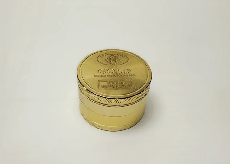 2.5in LARGE 4pc GOLD LABEL GRINDER WITH KEEF SCRAPER AND KNURLED FINGER GRIPS.