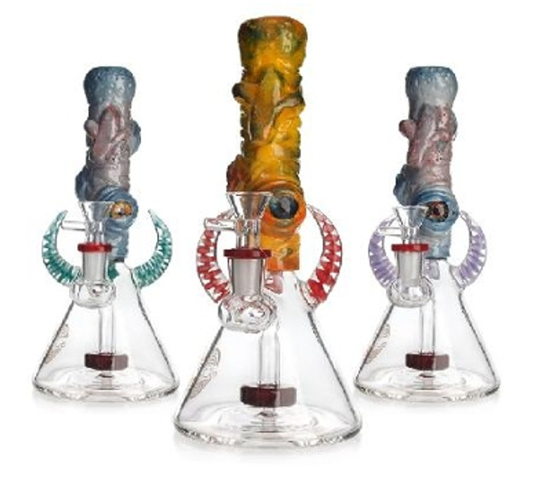 8.7in ALIEN HEAD BEAKER DAB RIG with CUSTOM GLASS HORN WORK SHOWERHEAD PERC 14mm BOWL ASSORTED COLORS