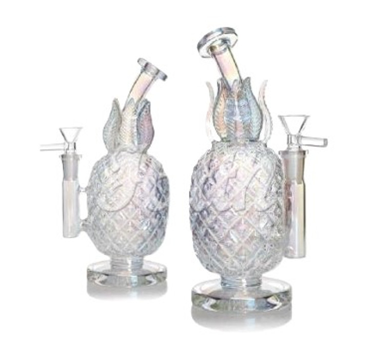 HITTN GLASS 8.5in BENT NECK PINEAPPLE DAB RIG with STRAIGHT SIDECAR. CUSTOM GLASS WORK, HOLOGRAPHIC RAINBOW COLOR 14mm BOWL