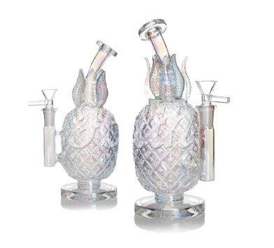 HITTN GLASS 8.5in BENT NECK PINEAPPLE WATER PIPE with STRAIGHT SIDECAR. CUSTOM GLASS WORK, HOLOGRAPHIC RAINBOW COLOR 14mm BOWL