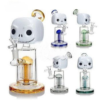 HITTN GLASS 9in Jack Skullington WATER PIPE with 8 ARM TREE PERC 14mm BOWL ASSORTED COLORS