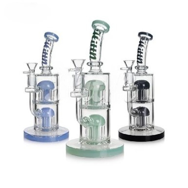 HITTN GLASS 10in BENT NECK DAB RIG with DUAL 8 Arm TREE PERCS 14mm BOWL ASSORTED COLORS