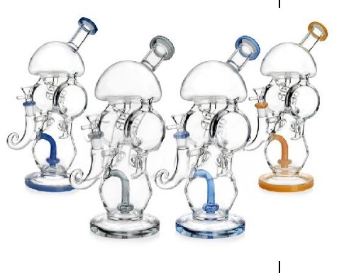 HITTN Glass 12in Recycler Water Pipe Showerhead Perc Disc Coil Diffuser 14mm Bowl assorted colored pipes.