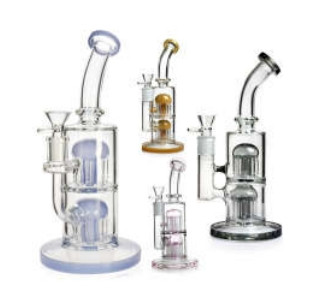10in bent neck water pipe, dual 8 arm tree percs, 14mm bowl, clear glass water pipe.
