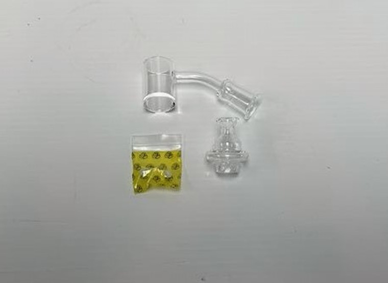 14mm FEMALE 45deg QUARTZ CYCLONE BANGER KIT with 25mm BUCKET and SPINNER CAP, 2ea 6mm TERP BALLS