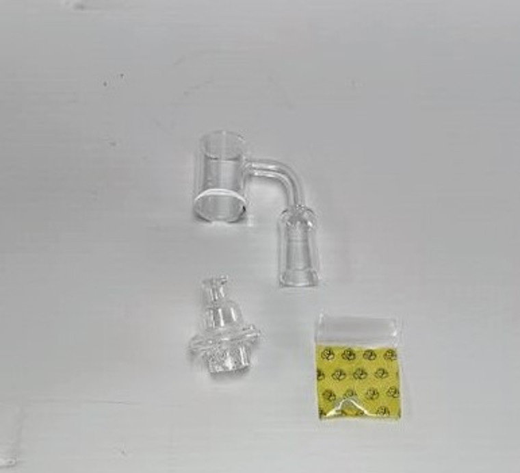 14mm FEMALE 90deg QUARTZ CYCLONE BANGER KIT 25mm BUCKET, SPINNER CAP and 2ea 6mm TERP BALLS