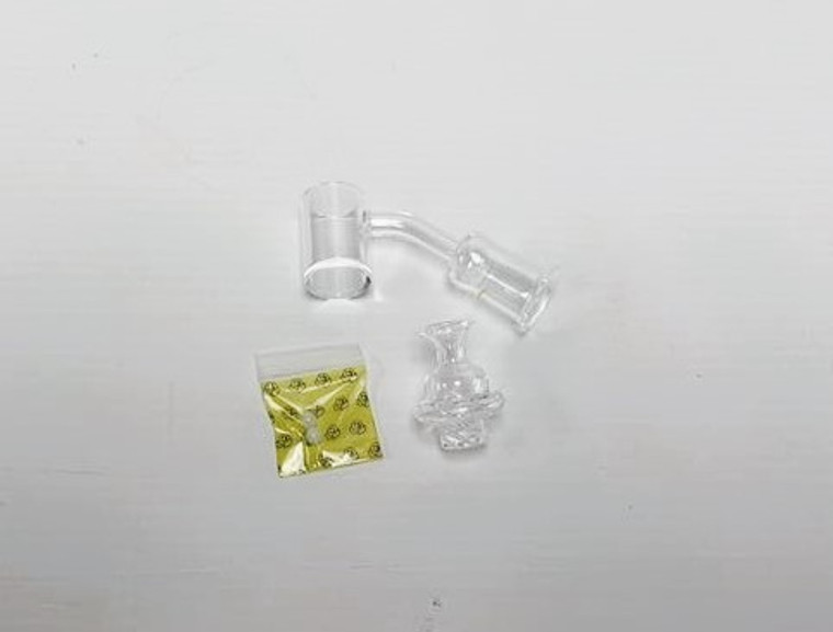 18mm FEMALE 45deg QUARTZ CYCLONE BANGER KIT, 25mm BUCKET, SPINNER CAP, and 2ea 6mm TERP BALLS.