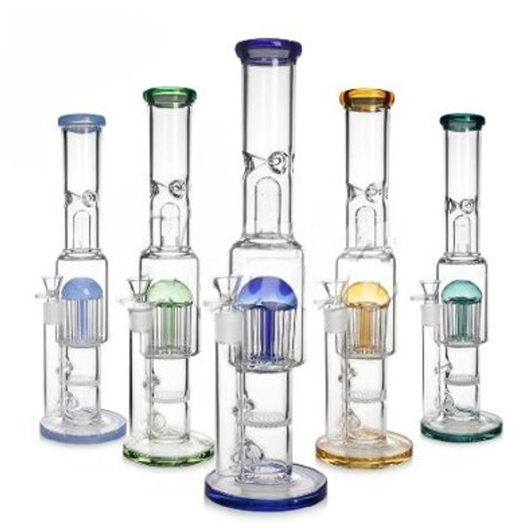 16in STRAIGHT WATER PIPE with DUAL PERCS AND TOP BAFFLE 18mm BOWL 50mm and 75mm TUBES HONEYCOMB plus 12ARM WELDED TREE PERC. LARGE BASE, ASSORTED COLORS.